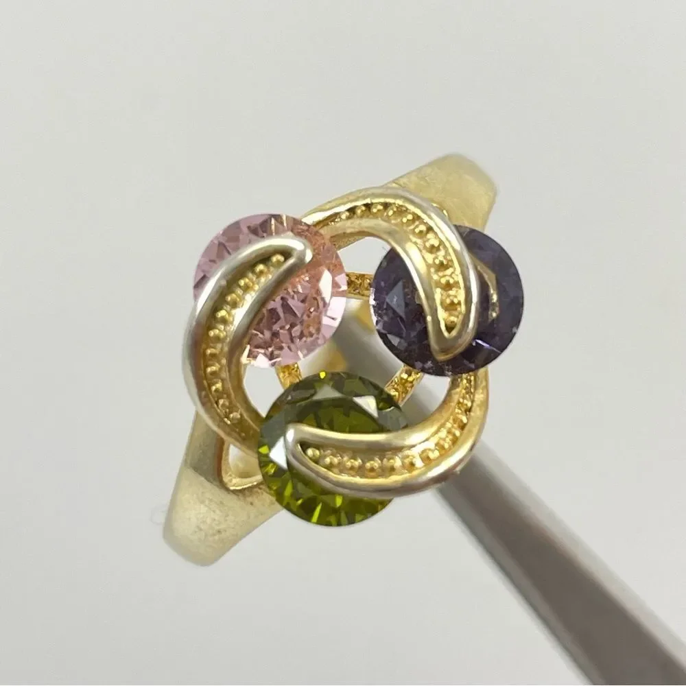 925 Sterling Silver Gold Plated Multi-Color Swarovski Crystal Gemstone Ring Sz 9